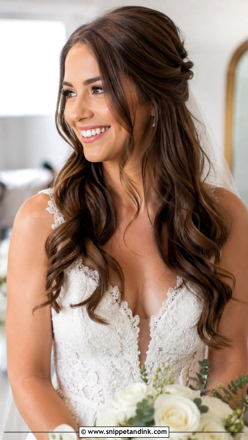 Brunette Half Up Half Down With Loose Waves - Snippet and Ink - 25 Brunette Half-Up Half-Down Wedding Hair Ideas