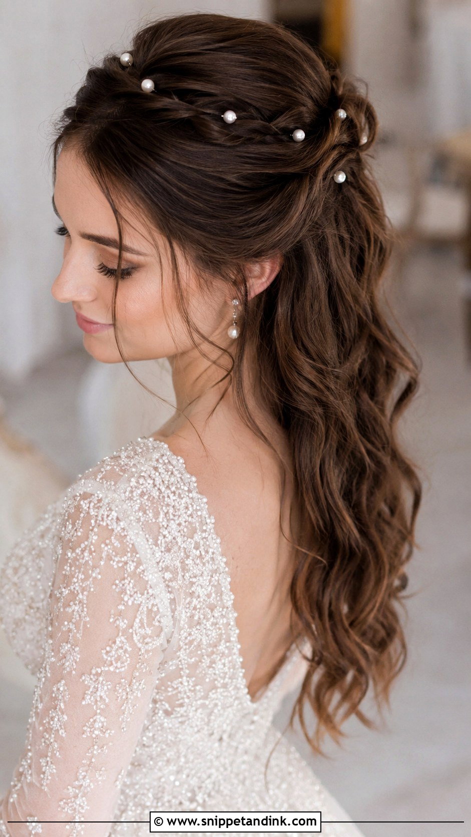 Brunette Half Up Half Down With Pearl Pins - Snippet and Ink - 25 Brunette Half-Up Half-Down Wedding Hair Ideas
