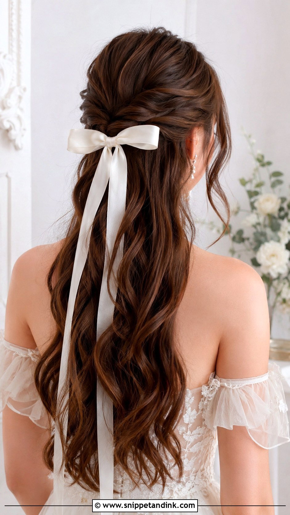 Brunette Half Up Half Down With Ribbon - Snippet and Ink - 25 Brunette Half-Up Half-Down Wedding Hair Ideas