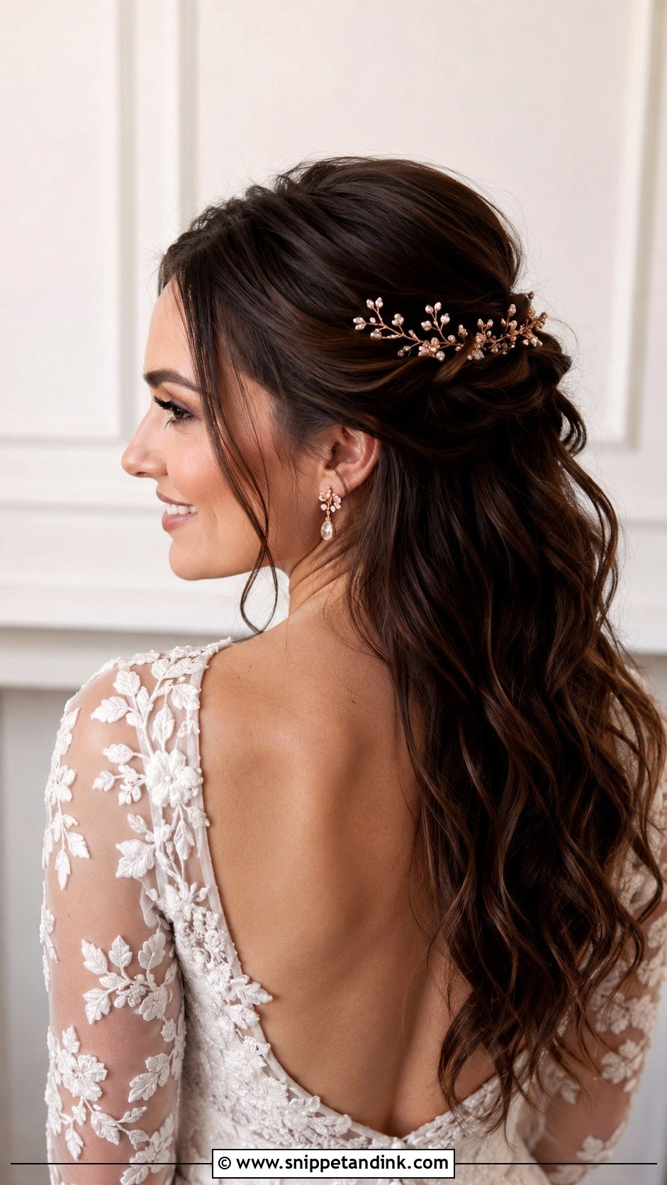 Brunette Half Up Half Down With Rose Gold Accents - Snippet and Ink - 25 Brunette Half-Up Half-Down Wedding Hair Ideas