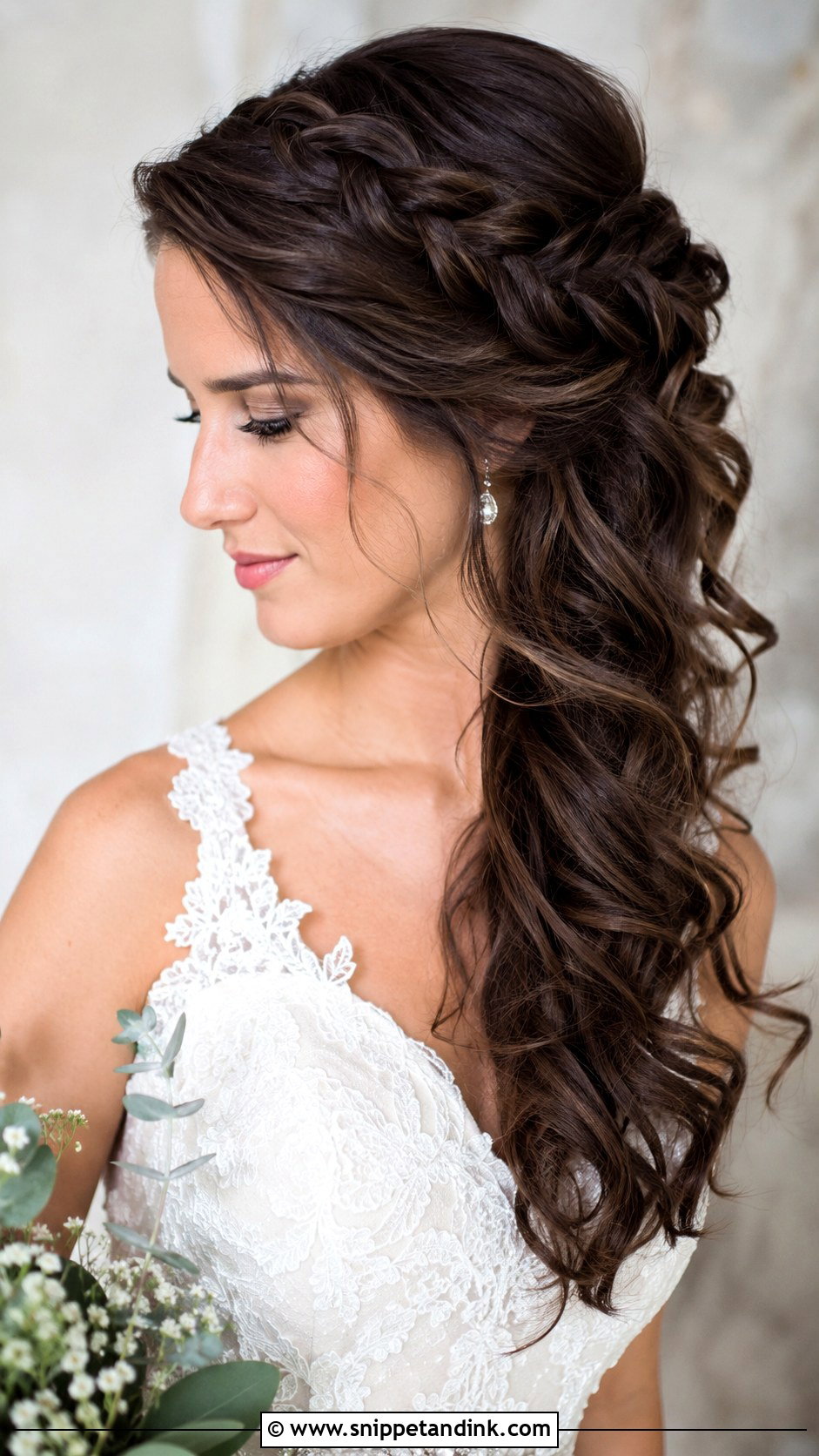 Brunette Half Up Half Down With Side Braid - Snippet and Ink - 25 Brunette Half-Up Half-Down Wedding Hair Ideas