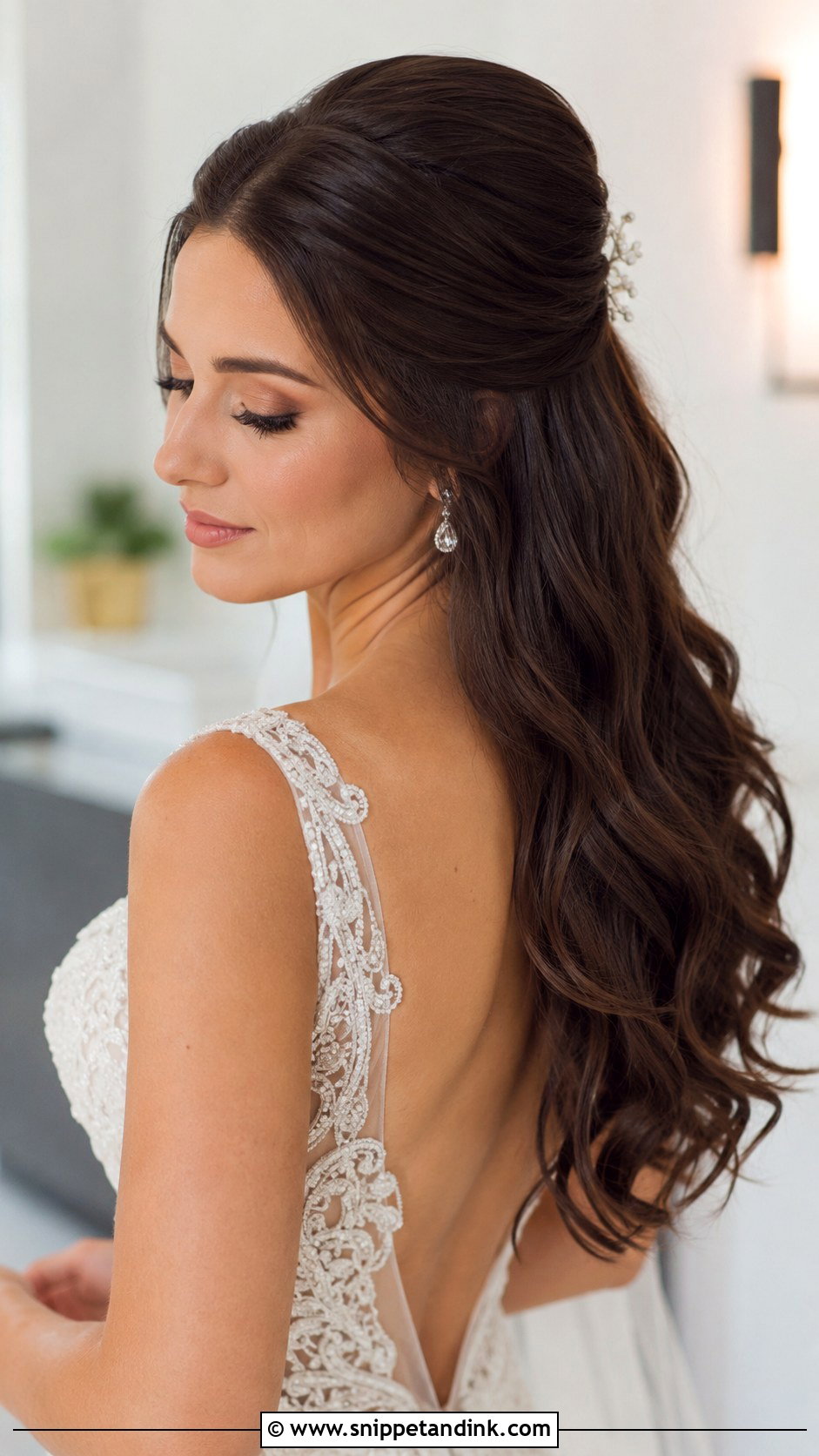 Brunette Half Up Half Down With Sleek Top - Snippet and Ink - 25 Brunette Half-Up Half-Down Wedding Hair Ideas