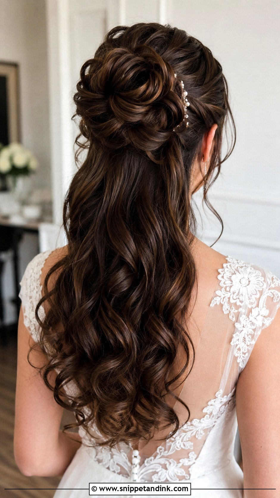 Brunette Half Up Half Down With Twisted Bun - Snippet and Ink - 25 Brunette Half-Up Half-Down Wedding Hair Ideas