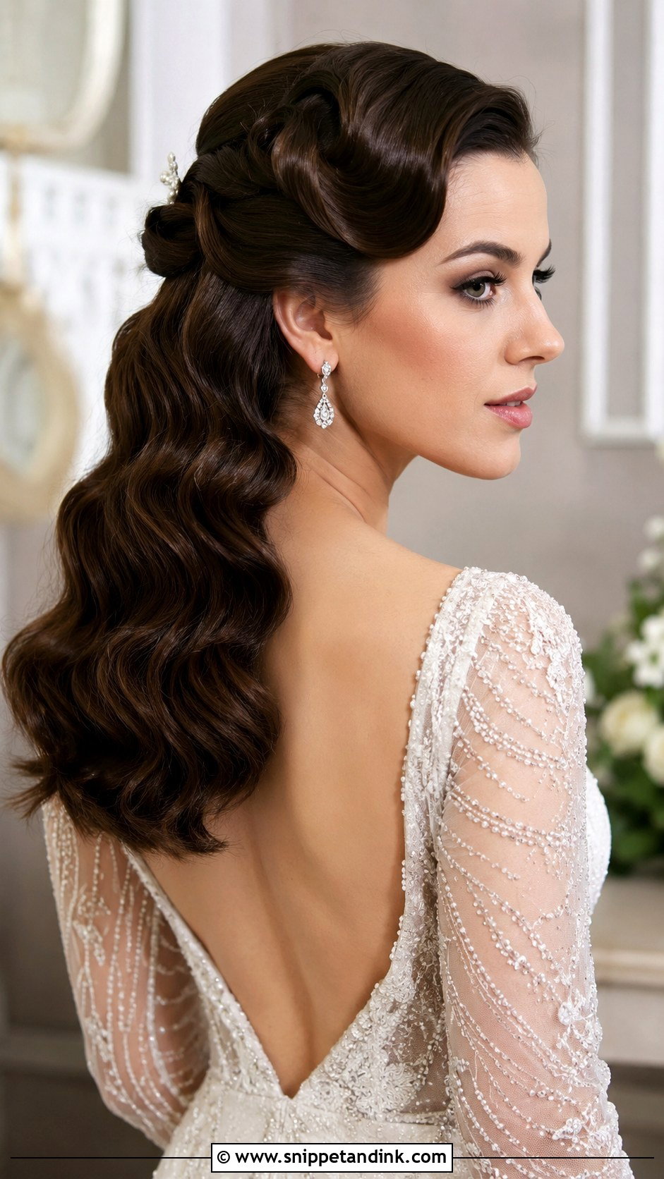 Brunette Half Up Half Down With Vintage Waves - Snippet and Ink - 25 Brunette Half-Up Half-Down Wedding Hair Ideas