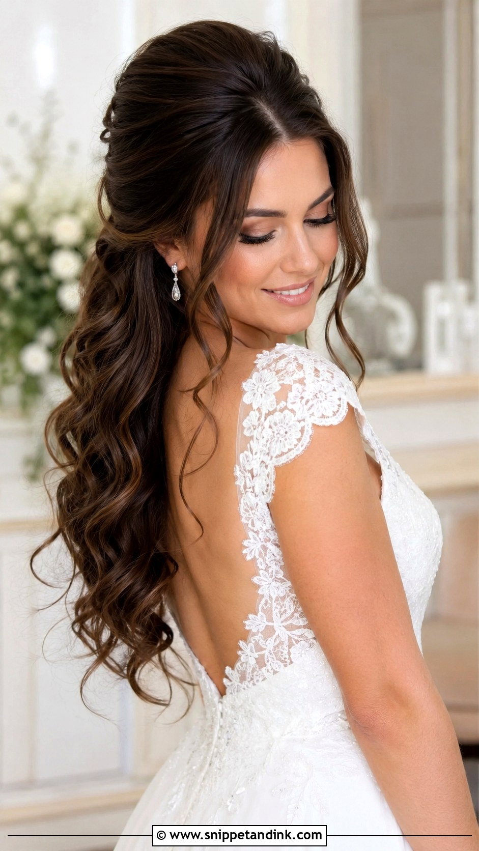 Brunette Half Up Half Down With Volume at the Crown - Snippet and Ink - 25 Brunette Half-Up Half-Down Wedding Hair Ideas