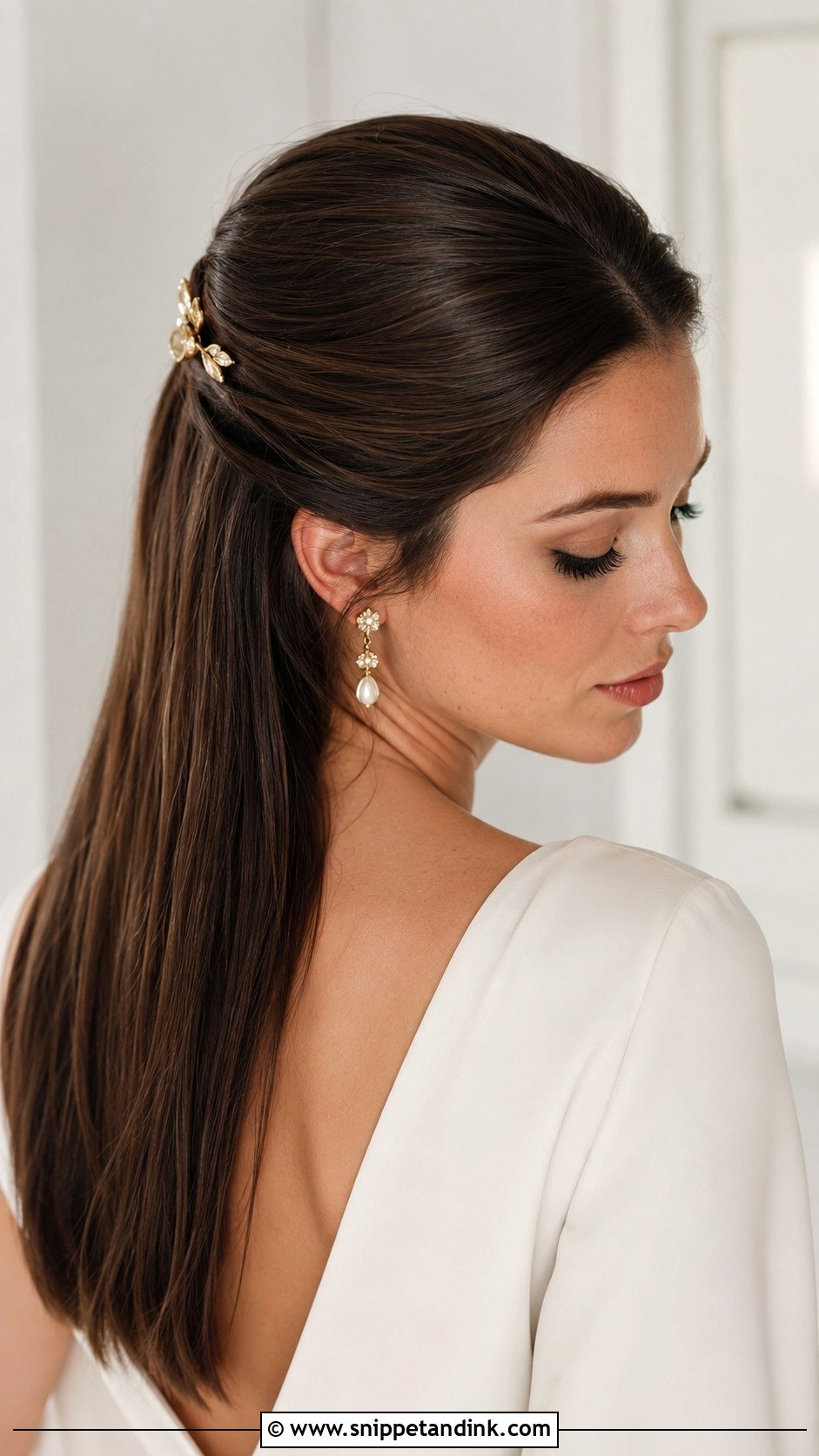 Brunette Half Up Sleek and Polished - Snippet and Ink - 20 Brunette Half-Up Bridal Hair Ideas