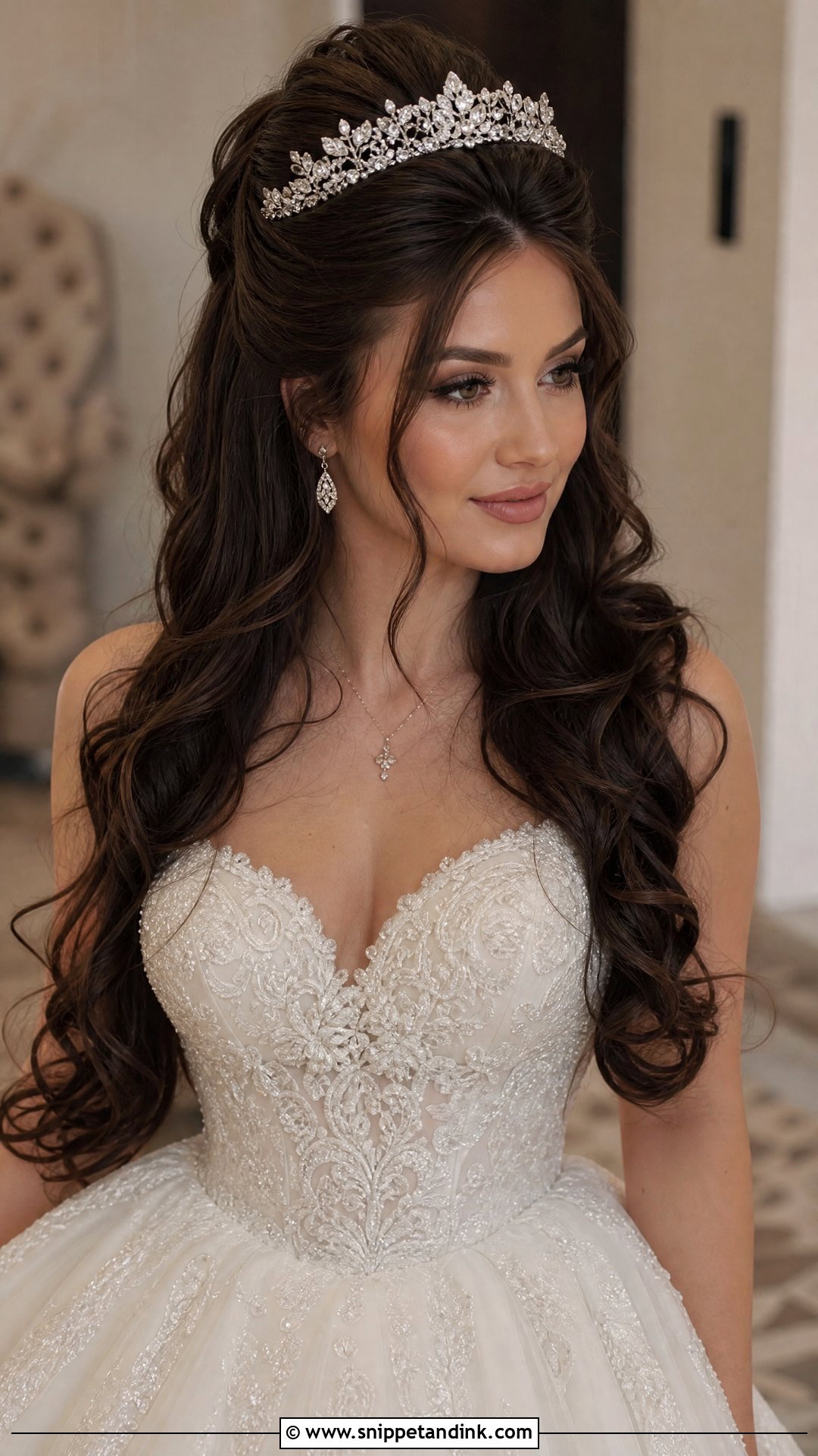 Brunette Half Up Wedding Hair With A Tiara - Snippet and Ink - 15 Brunette Half-Up Wedding Hair Ideas