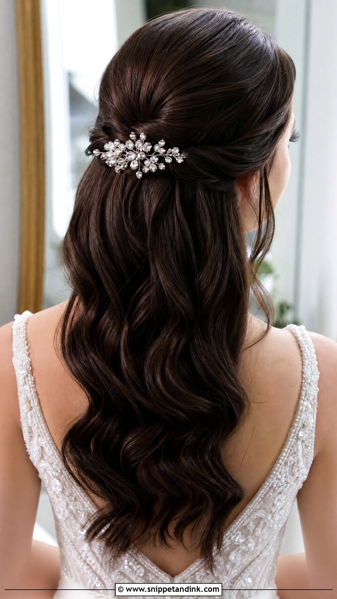 Brunette Half Up Wedding Hair With Crystal Clip - Snippet and Ink - 15 Brunette Half-Up Wedding Hair Ideas