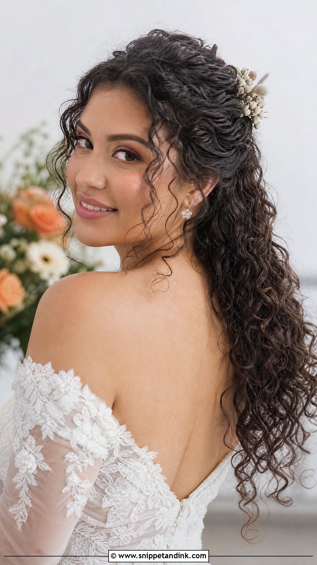 Brunette Half Up Wedding Hair With Curly Hair - Snippet and Ink - 15 Brunette Half-Up Wedding Hair Ideas