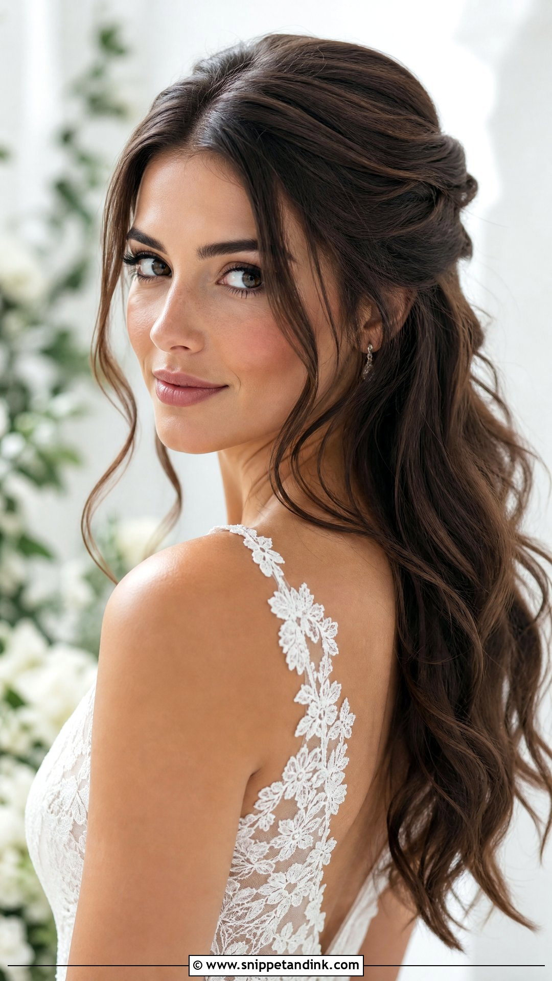 Brunette Half Up Wedding Hair With Face Framing Pieces - Snippet and Ink - 15 Brunette Half-Up Wedding Hair Ideas