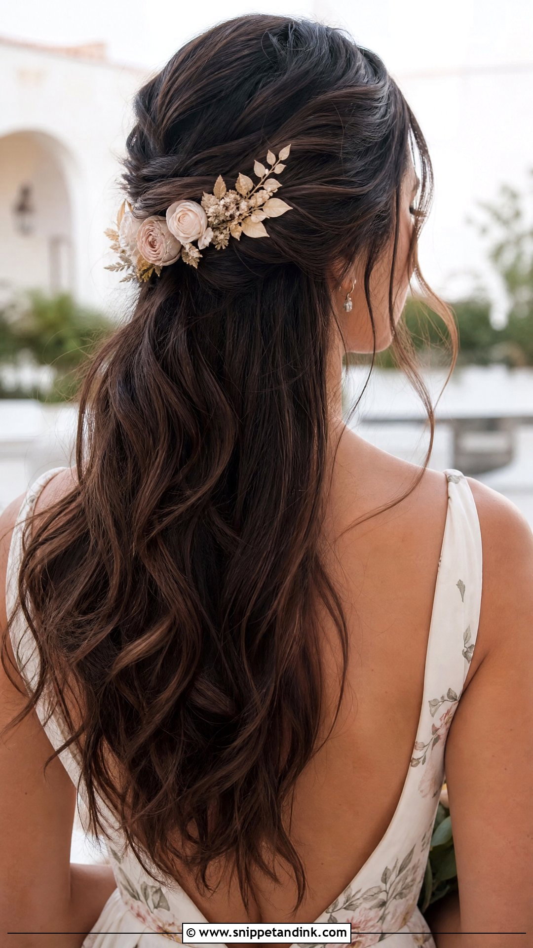 Brunette Half Up Wedding Hair With Flower Comb - Snippet and Ink - 15 Brunette Half-Up Wedding Hair Ideas