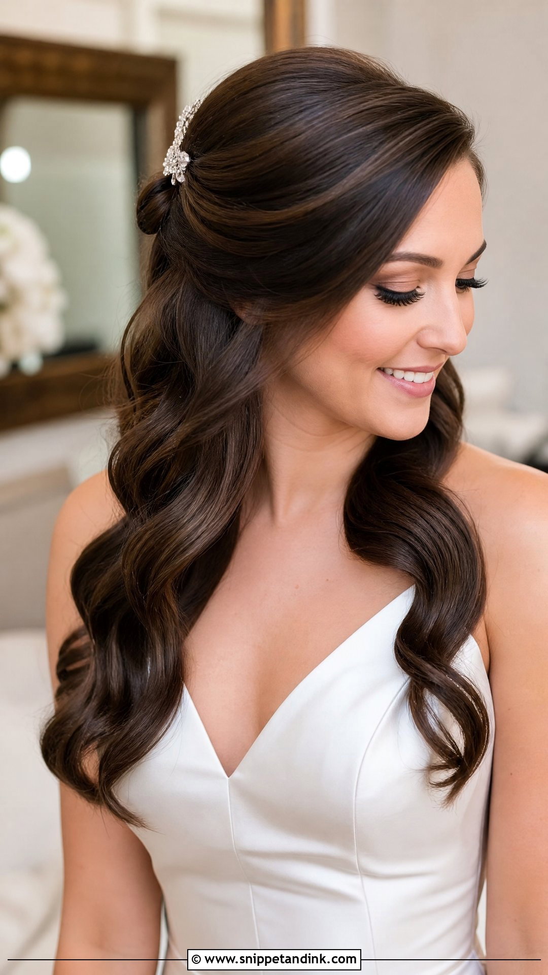 Brunette Half Up Wedding Hair With Hollywood Waves - Snippet and Ink - 15 Brunette Half-Up Wedding Hair Ideas