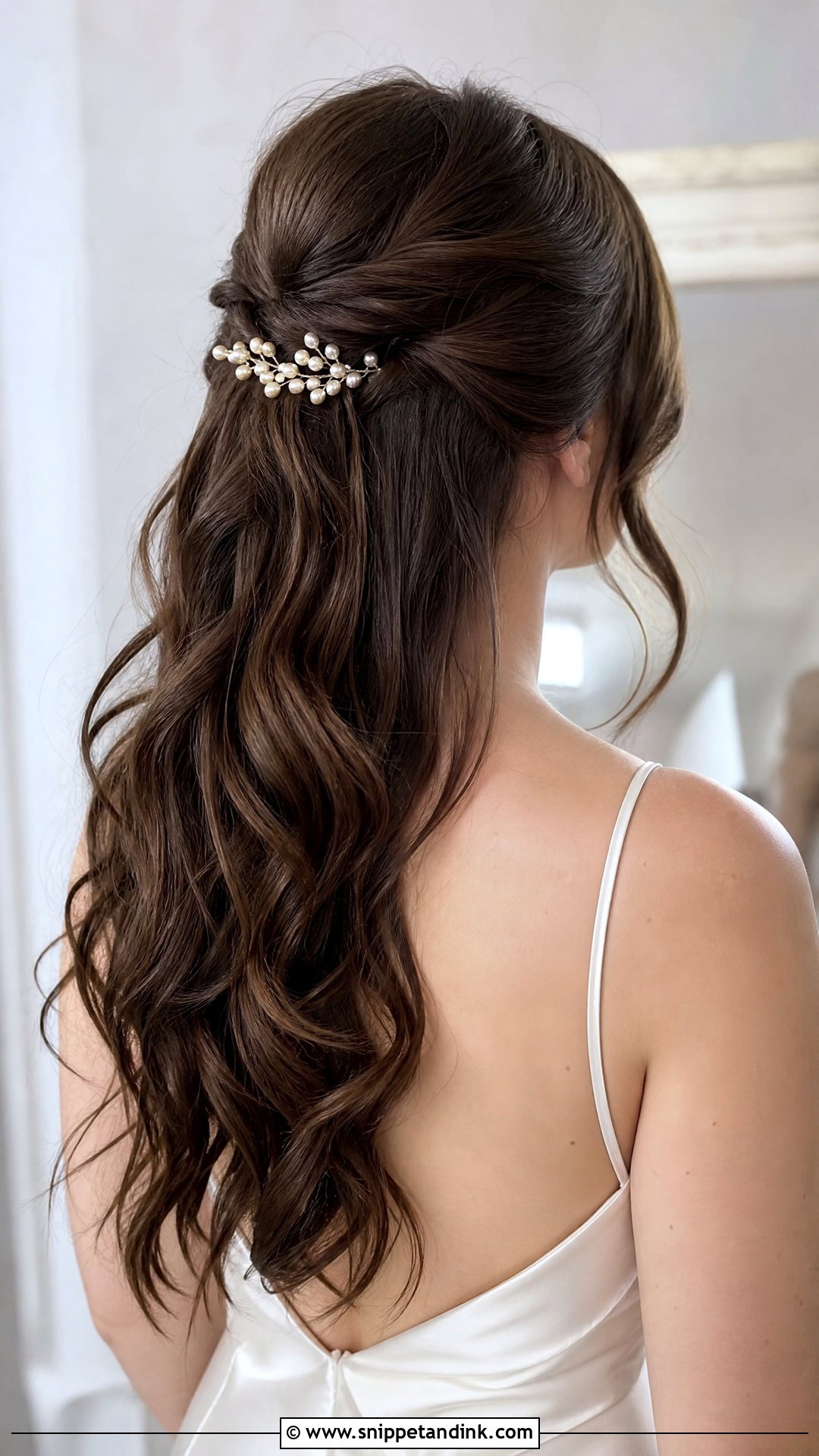 Brunette Half Up Wedding Hair With Loose Waves - Snippet and Ink - 15 Brunette Half-Up Wedding Hair Ideas