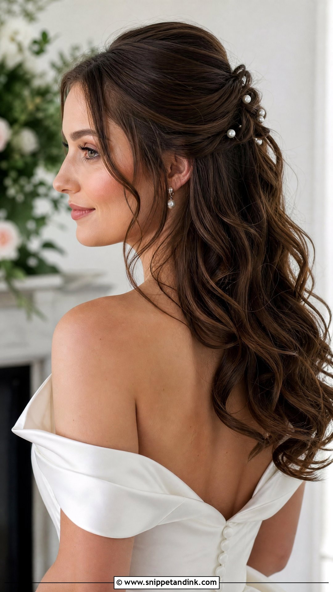 Brunette Half Up Wedding Hair With Pearl Pins - Snippet and Ink - 15 Brunette Half-Up Wedding Hair Ideas
