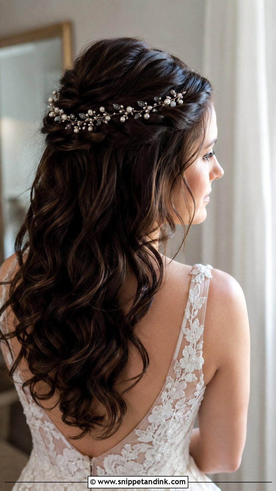 Brunette Half Up With Hair Vine - Snippet and Ink - 20 Brunette Half-Up Bridal Hair Ideas