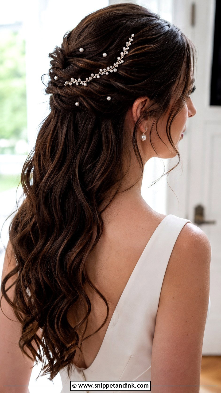 Brunette Half Up With Pearl Accessories - Snippet and Ink - 20 Brunette Half-Up Bridal Hair Ideas