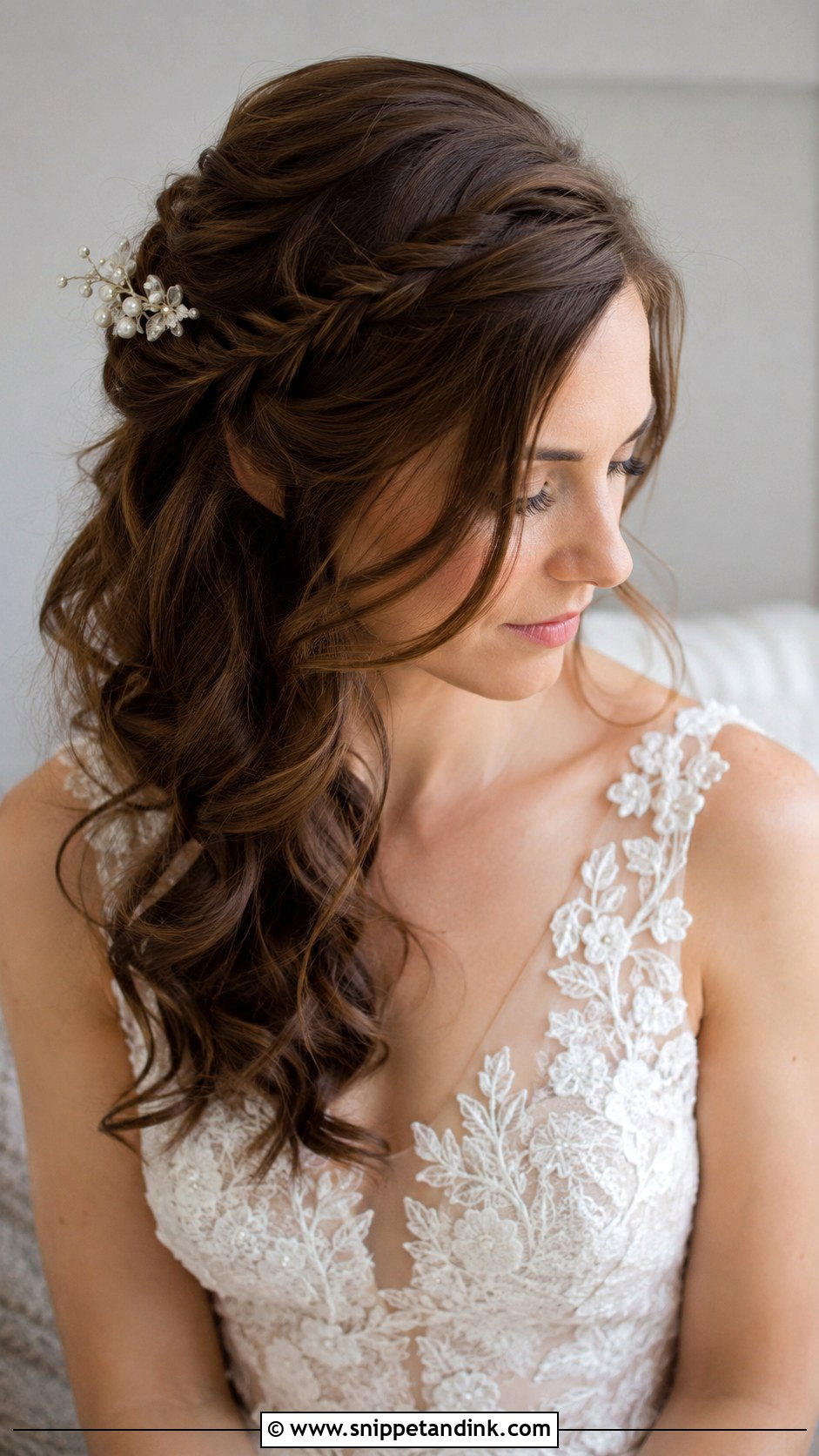 Brunette Half Up With Side Braid - Snippet and Ink - 20 Brunette Half-Up Bridal Hair Ideas