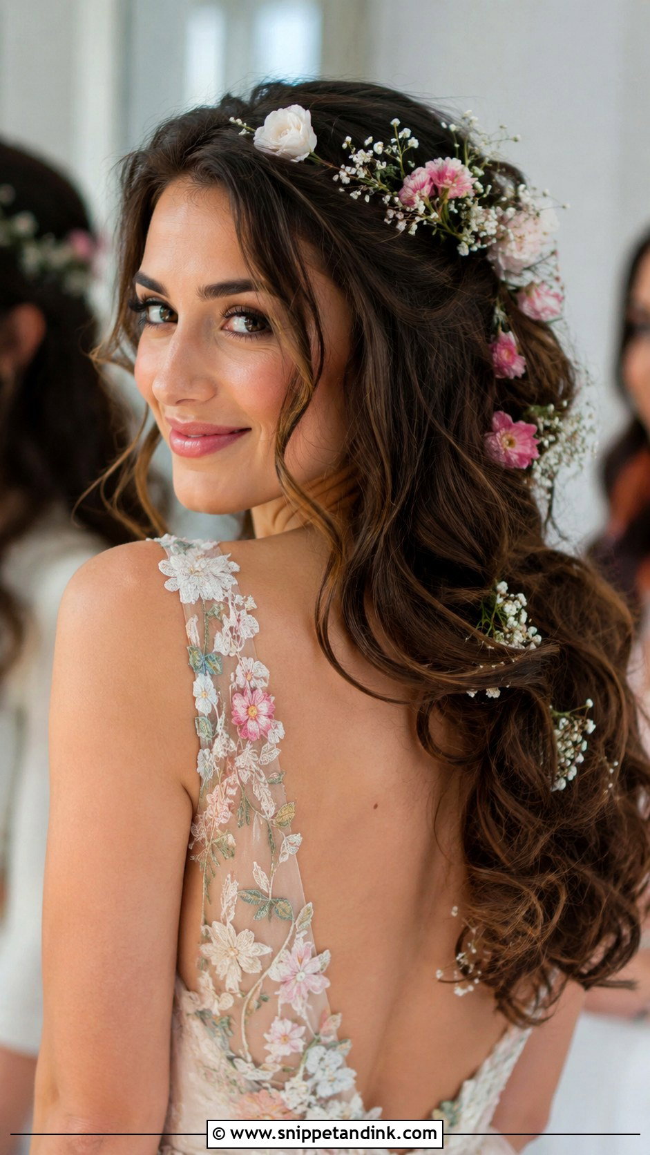 Brunette Loose Curls With Flowers - Snippet and Ink - 25 Brunette Wedding Hairstyles