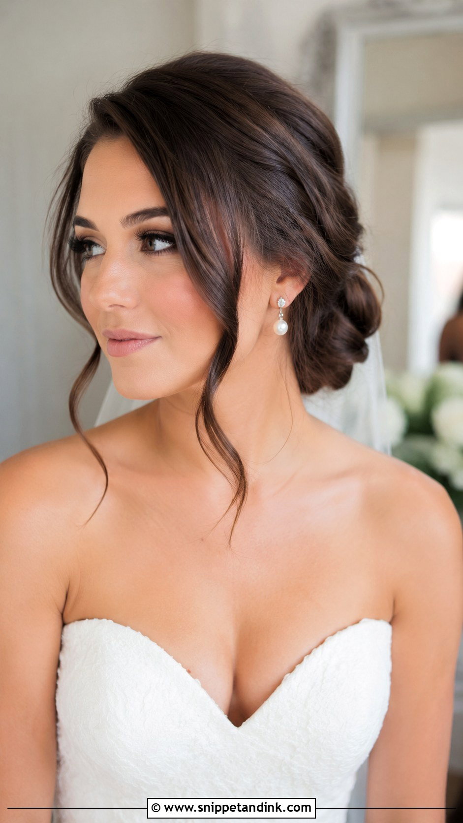Brunette Low Bun Wedding Hair With Face Framing Pieces - Snippet and Ink - 15 Low Bun Brunette Wedding Hair Ideas