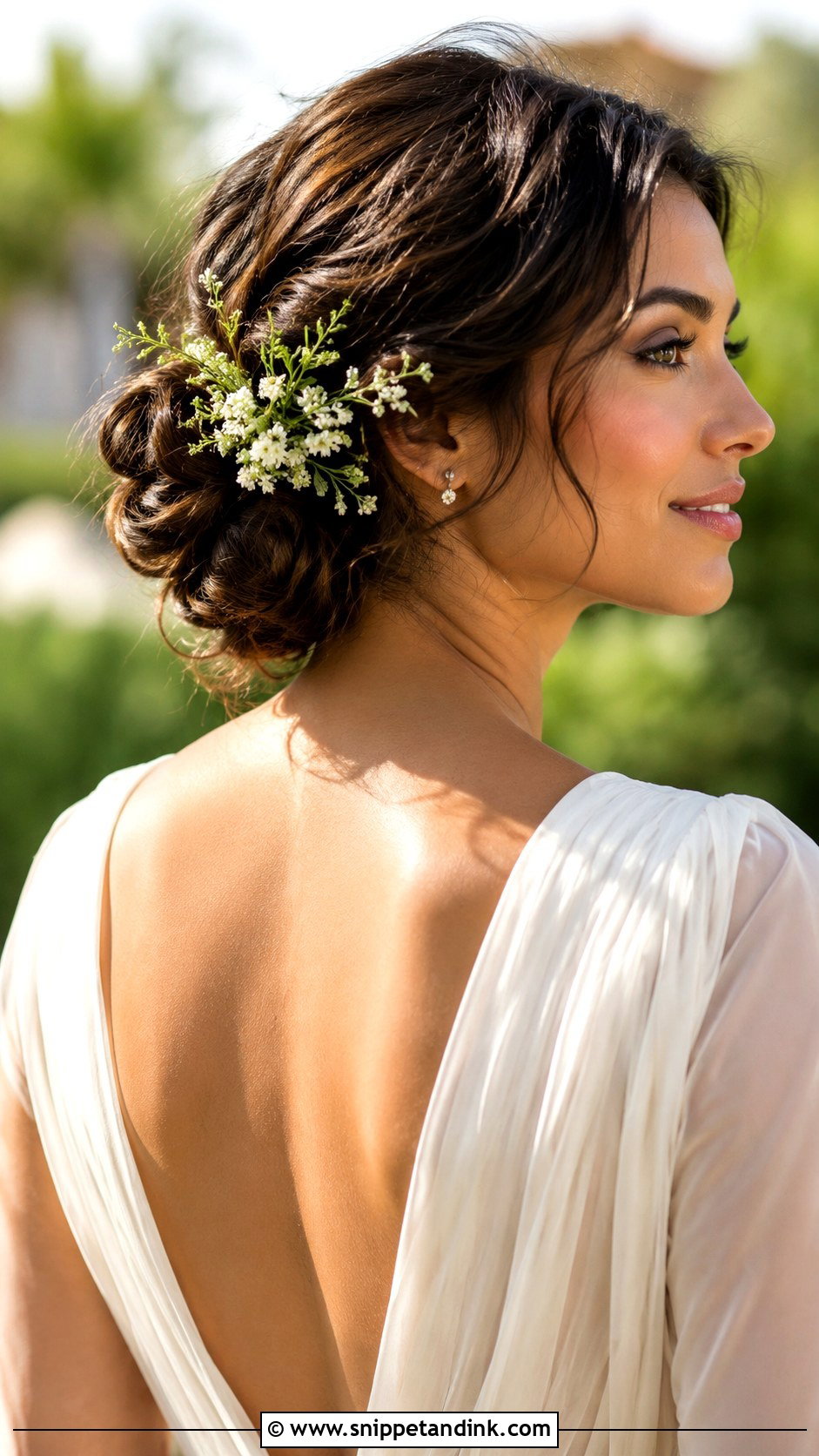 Brunette Low Bun Wedding Hair With Flowers - Snippet and Ink - 15 Low Bun Brunette Wedding Hair Ideas