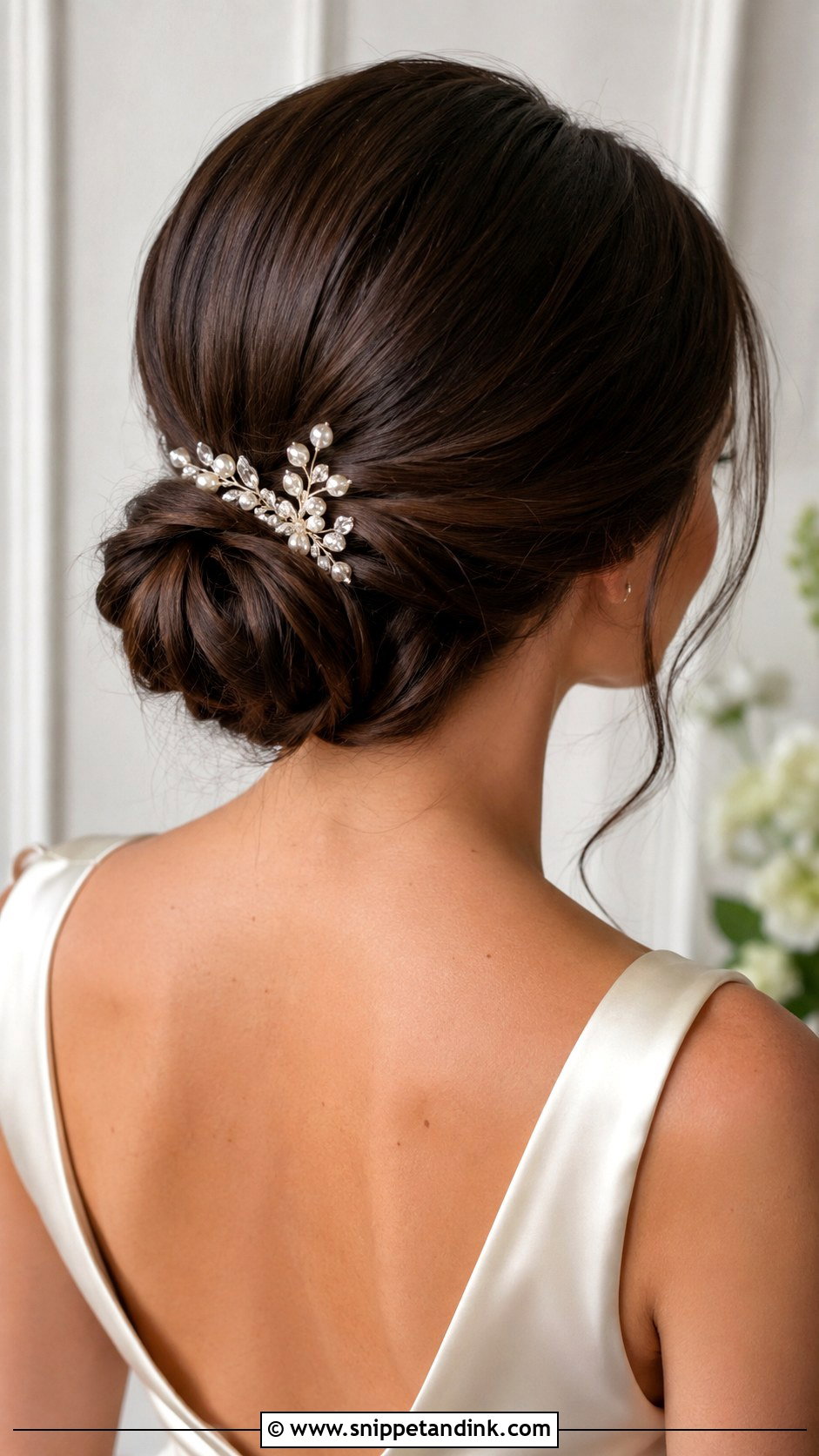Brunette Low Bun Wedding Hair With Hair Comb - Snippet and Ink - 15 Low Bun Brunette Wedding Hair Ideas