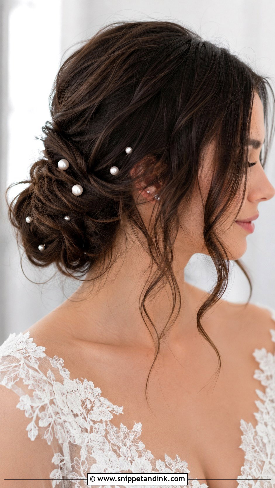 Brunette Low Bun Wedding Hair With Pearls - Snippet and Ink - 15 Low Bun Brunette Wedding Hair Ideas