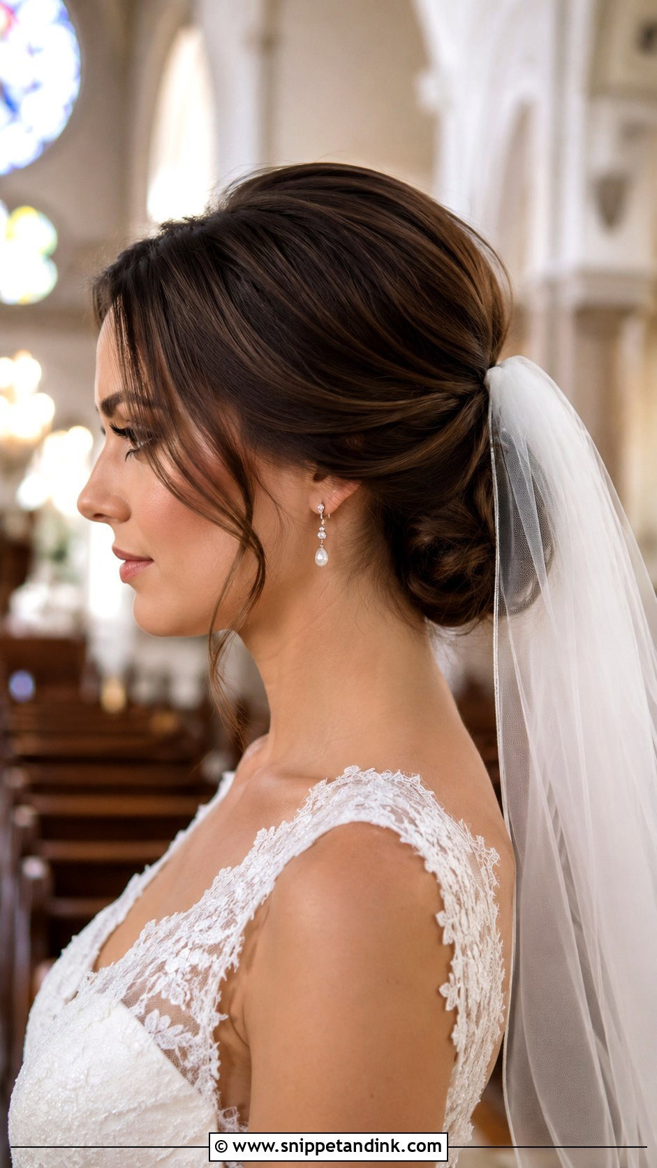 Brunette Low Bun Wedding Hair With Veil - Snippet and Ink - 15 Low Bun Brunette Wedding Hair Ideas