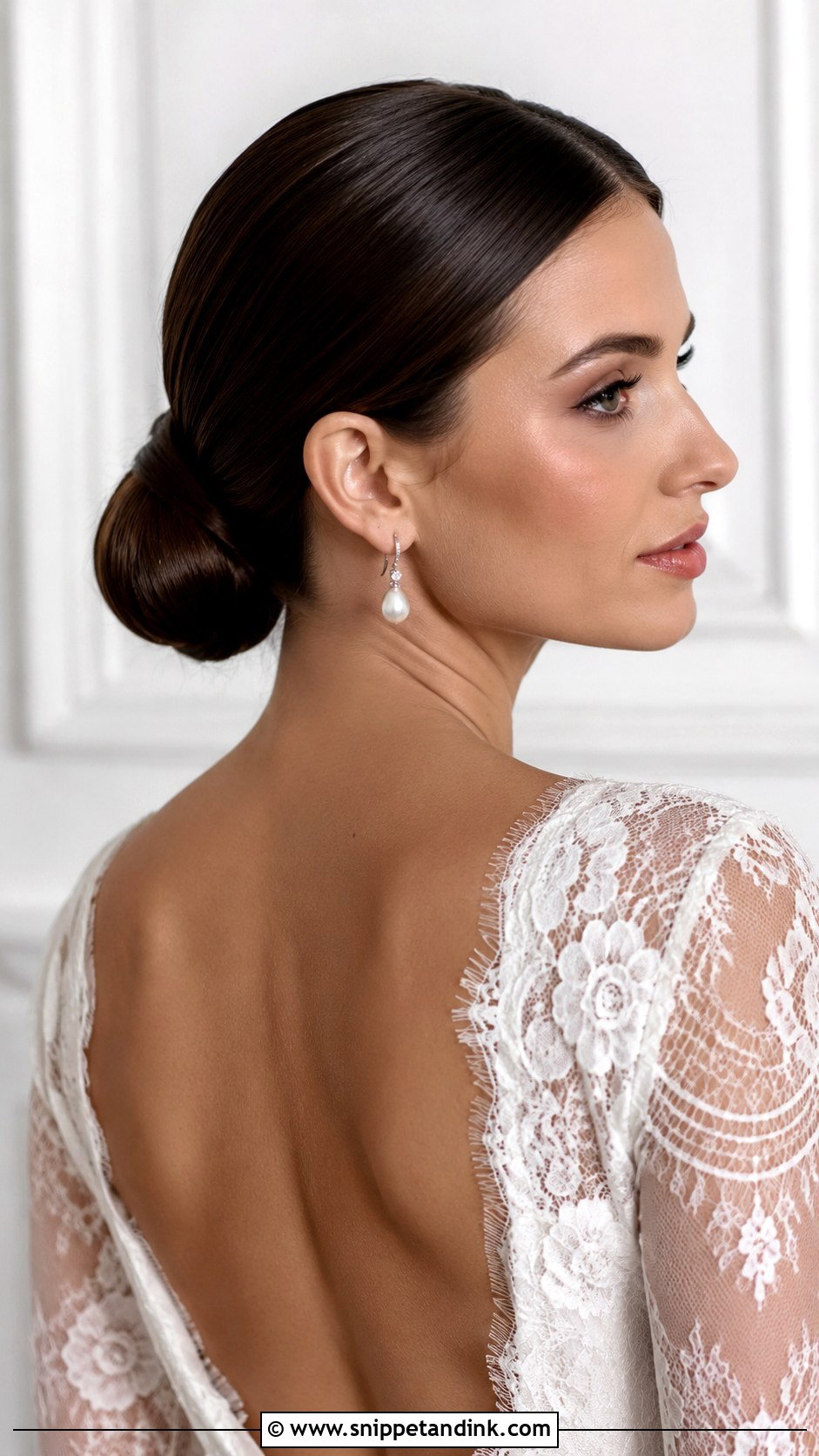 Brunette Low Bun With Center Part - Snippet and Ink - 25 Brunette Bridal Hair Ideas