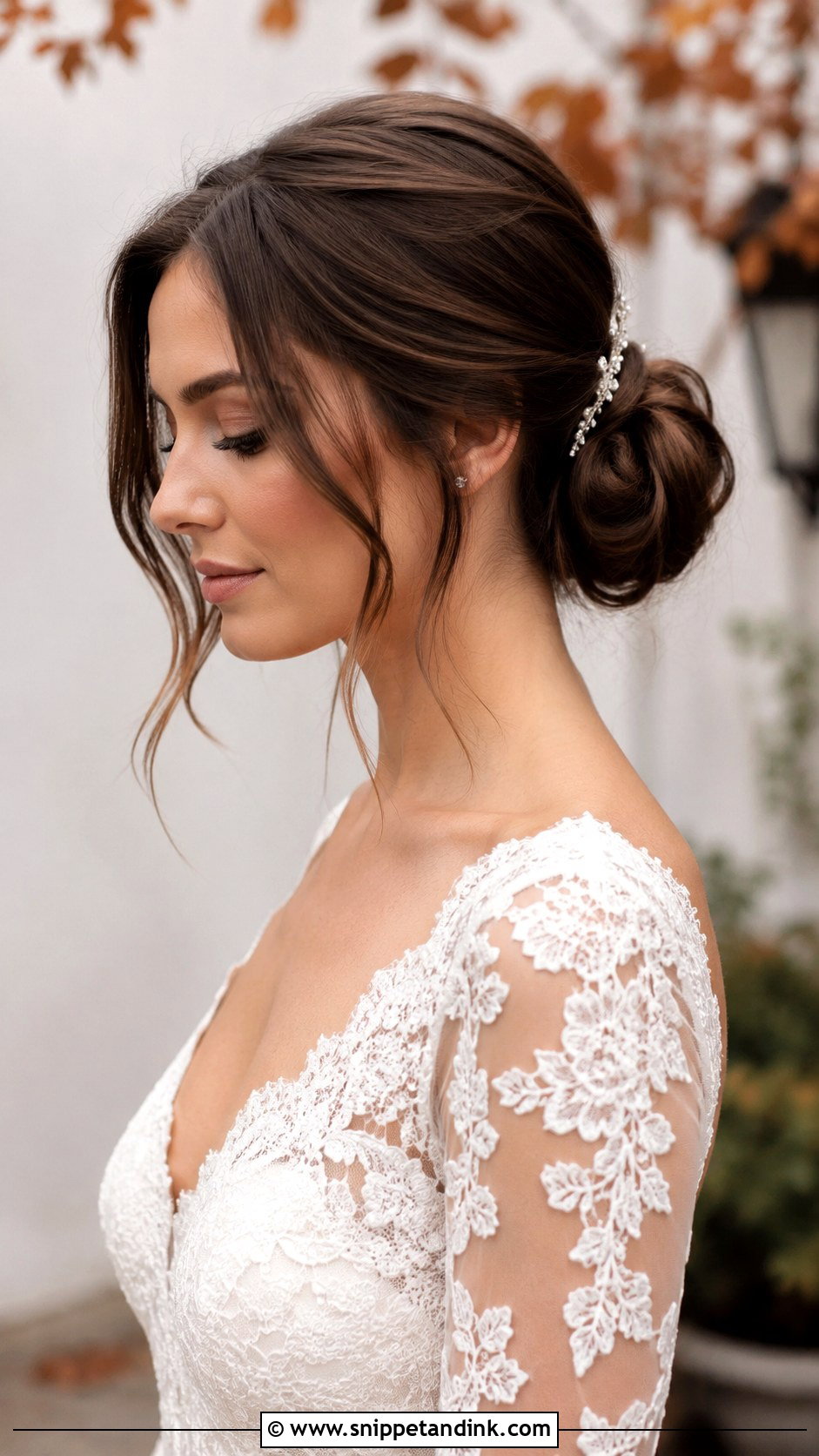 Brunette Low Bun With Face Framing Pieces - Snippet and Ink - 25 Brunette Wedding Hairstyles