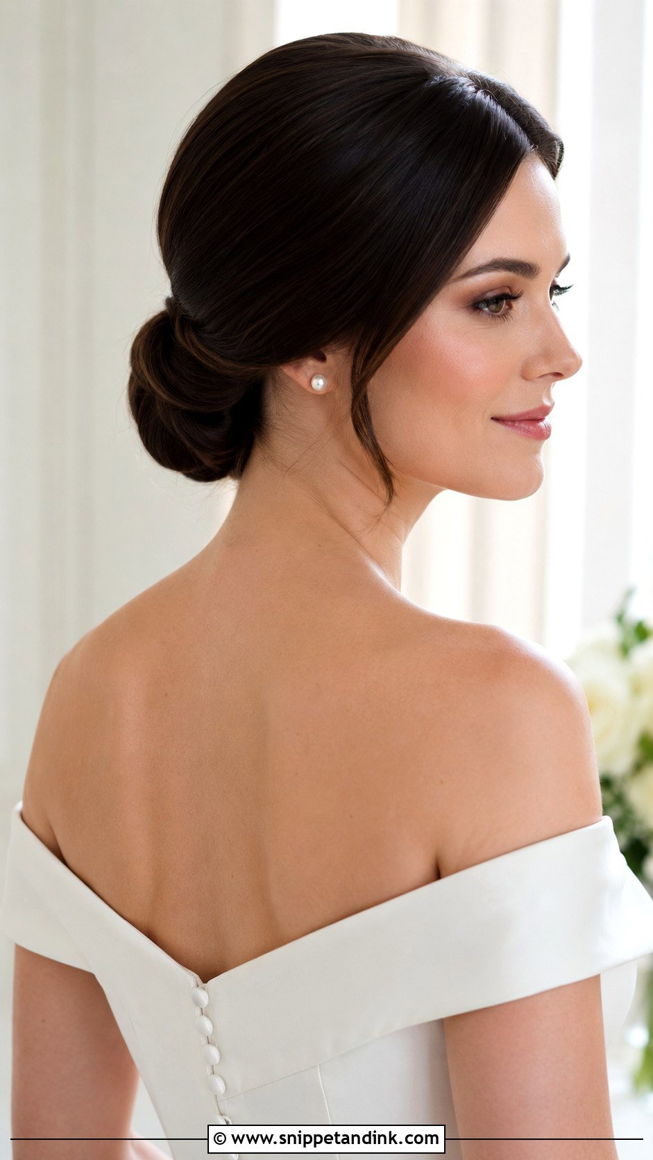 Brunette Low Chignon Wedding Hair - Snippet and Ink - 15 Low Bun Brunette Wedding Hair Ideas