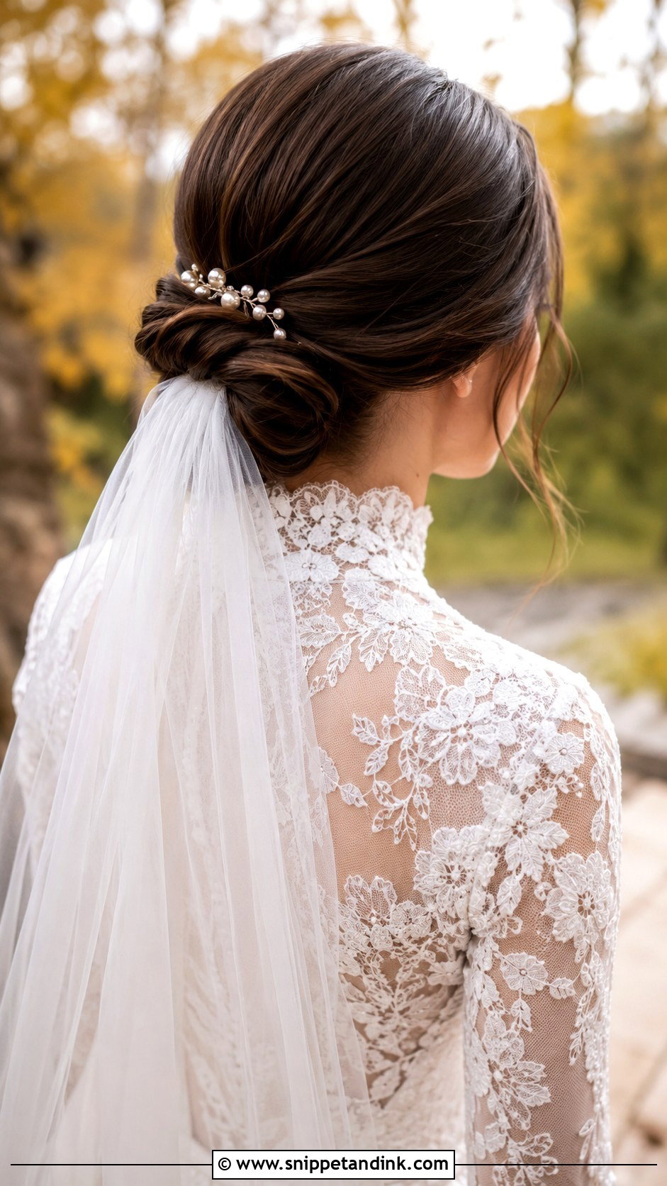 Brunette Low Chignon With Veil - Snippet and Ink - 25 Brunette Wedding Hairstyles