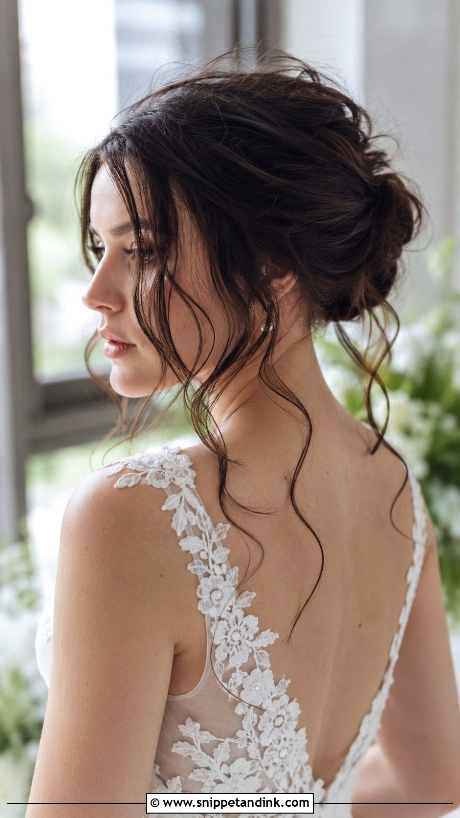 Brunette Messy Updo With Tendrils - Snippet and Ink - 25 Brunette Bridal Hair Ideas