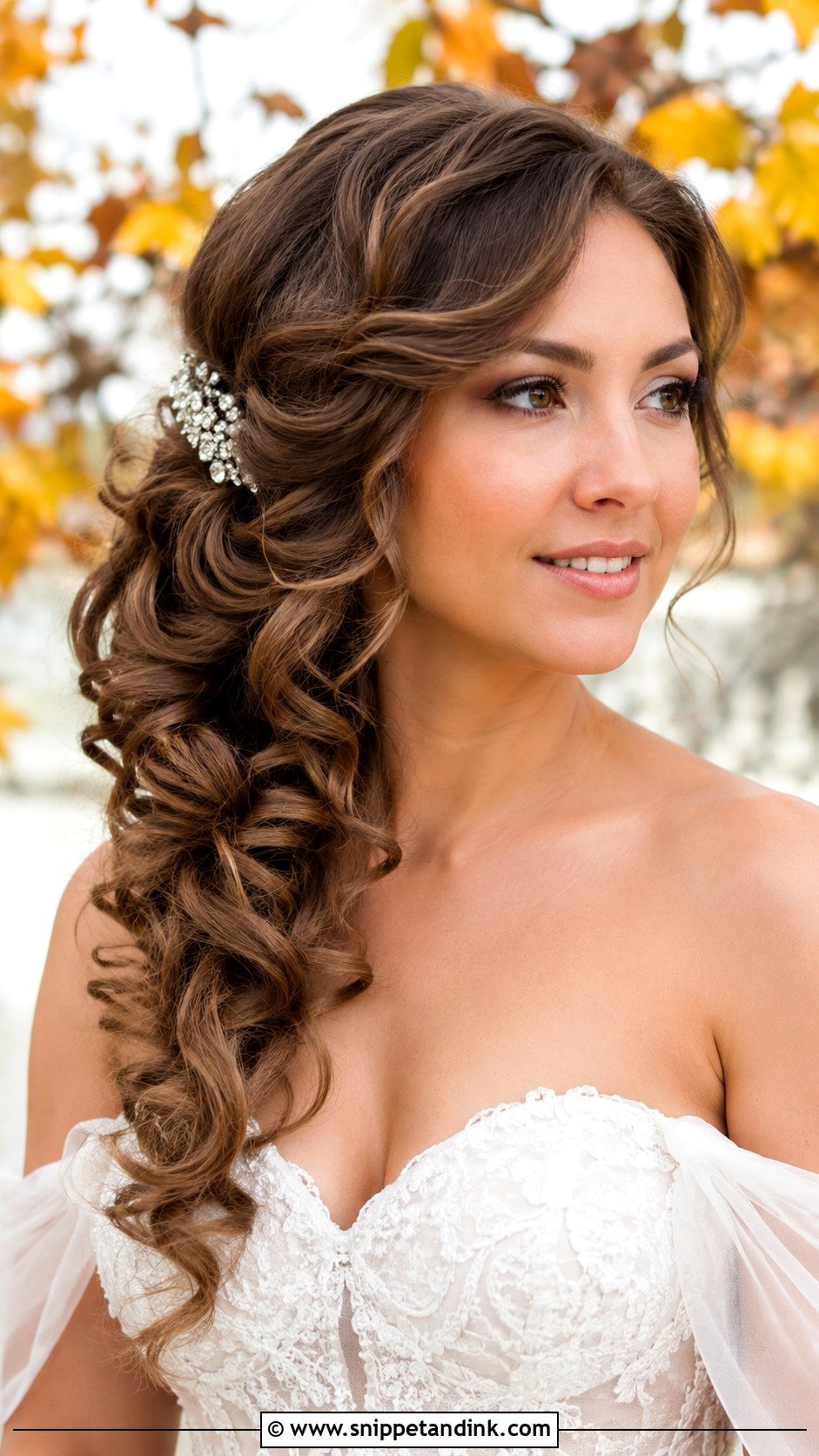 Brunette Side Swept Curls - Snippet and Ink - 25 Brunette Wedding Hairstyles