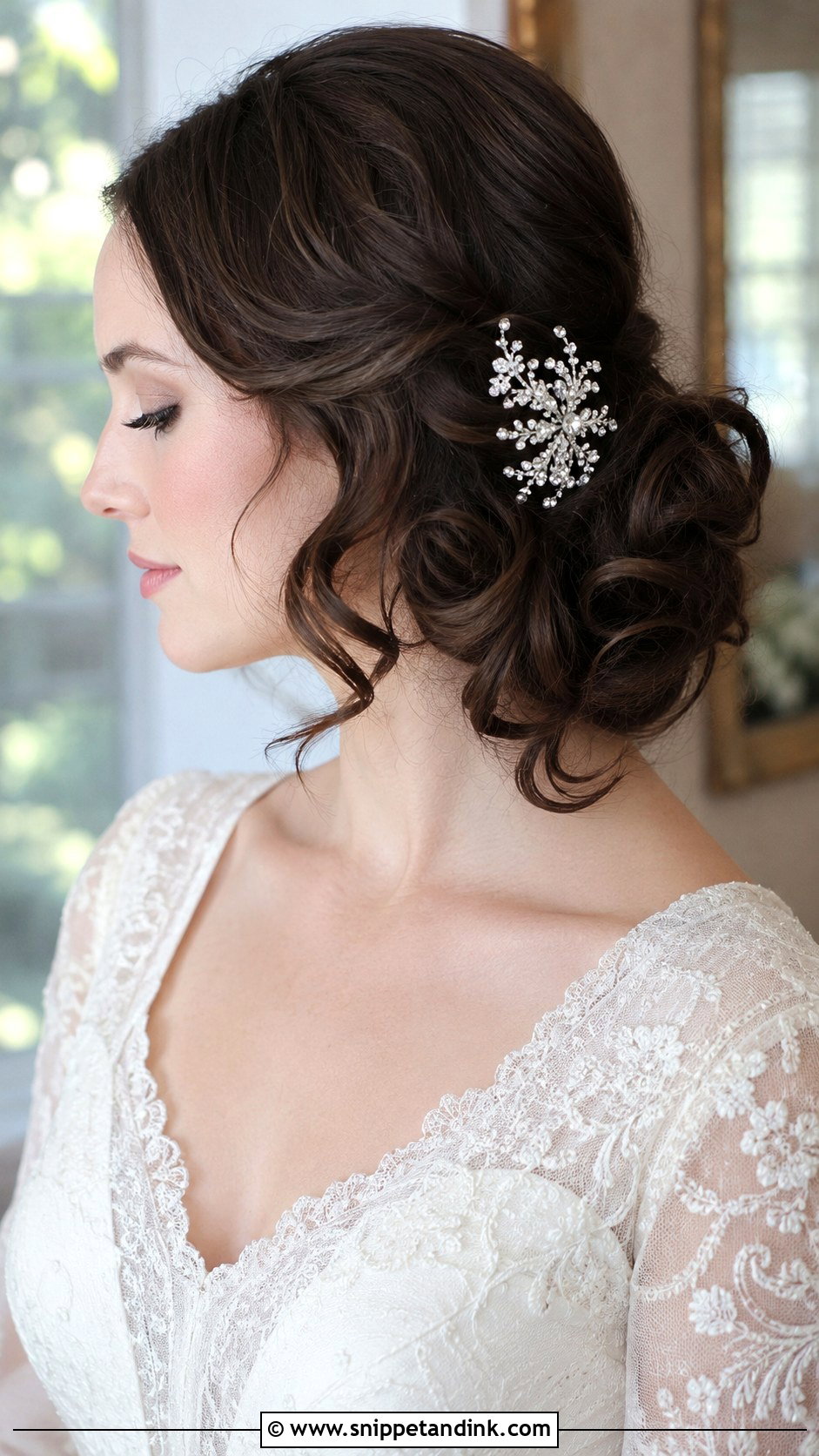 Brunette Side Swept Updo - Snippet and Ink - 25 Brunette Bridal Hair Ideas