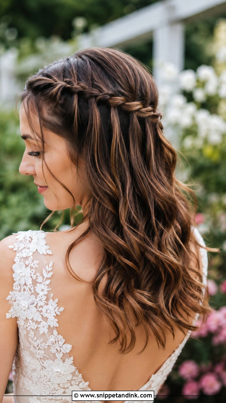 Brunette Waterfall Braid - Snippet and Ink - 25 Brunette Wedding Hairstyles