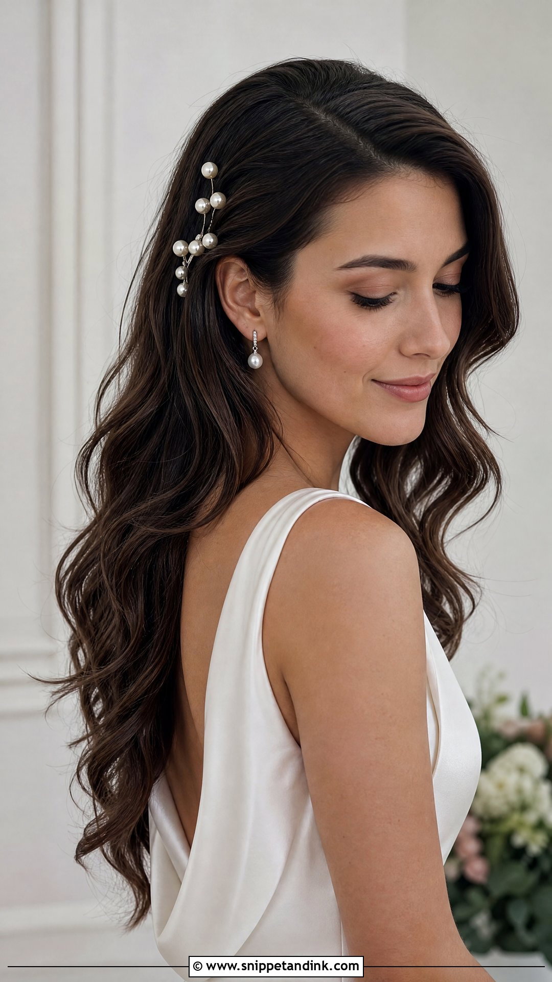 Brunette Wedding Hair Down With Pearl Pins - Snippet and Ink - 15 Brunette Wedding Hairstyles Down