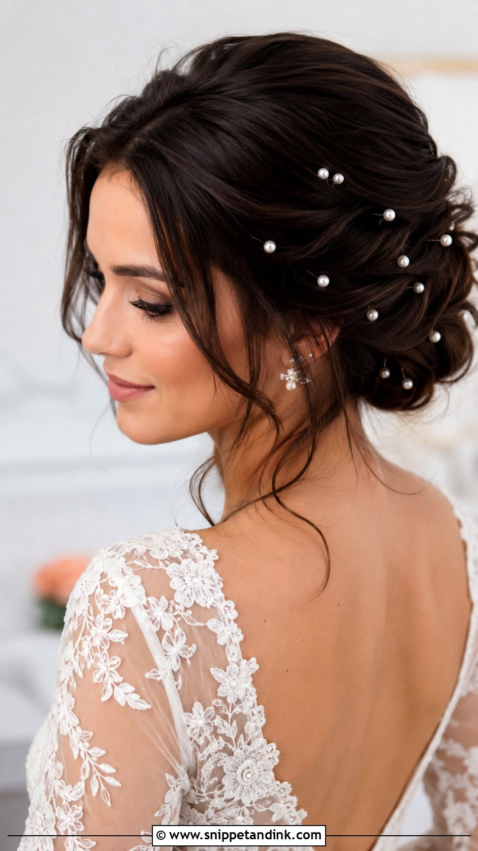 Brunette Wedding Updo With Pearl Pins - Snippet and Ink - 15 Wedding Hair Up Brunette Ideas
