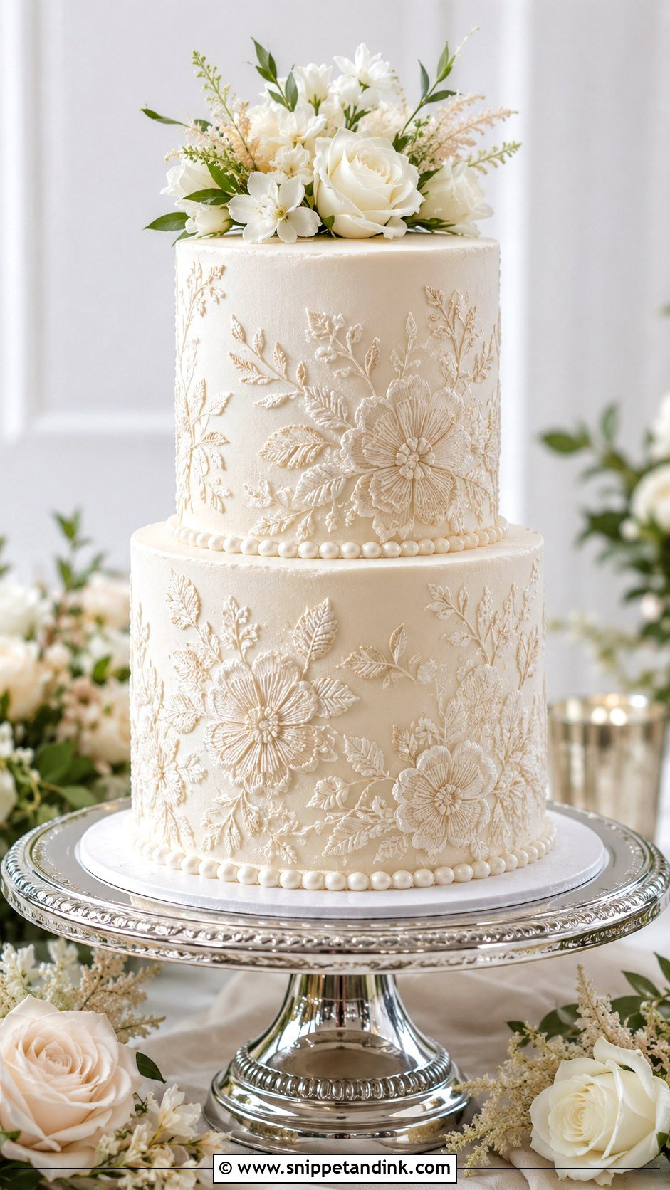 Brush Embroidery Wedding Cake - Snippet and Ink - 20 Embroidery Cake Design Ideas for Wedding