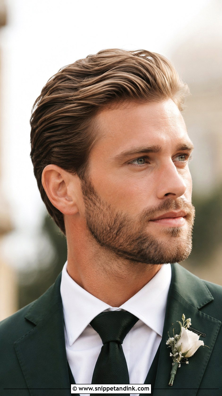 Brushed Back Wedding Hairstyle For Men - Snippet and Ink - 15 Men Wedding Hairstyle Ideas