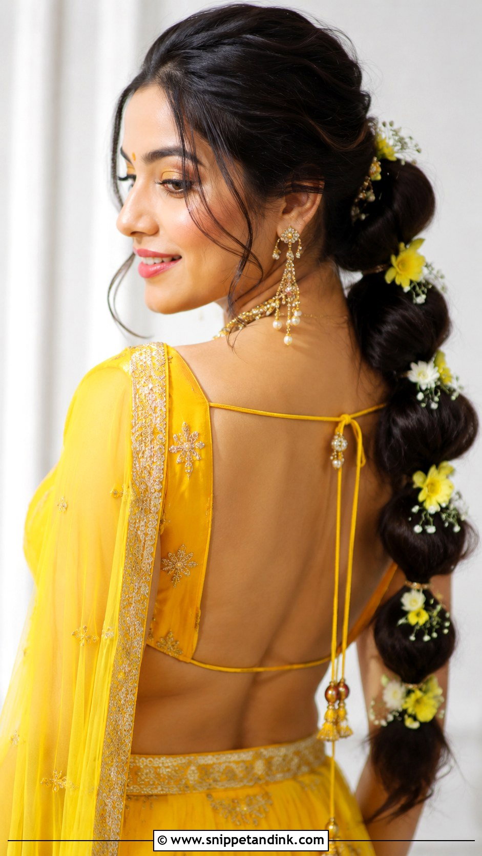 Bubble Braid With Floral Touches - Snippet and Ink - 25 Haldi Ceremony Hairstyle for Bride Ideas
