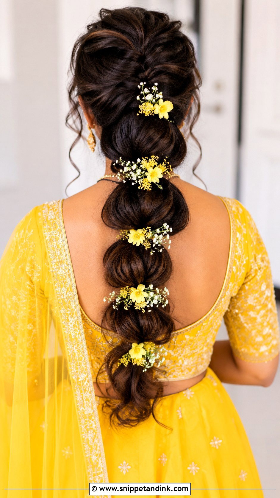 Bubble Braid With Yellow Florals - Snippet and Ink - 20 Haldi Braid Hairstyles for Bride