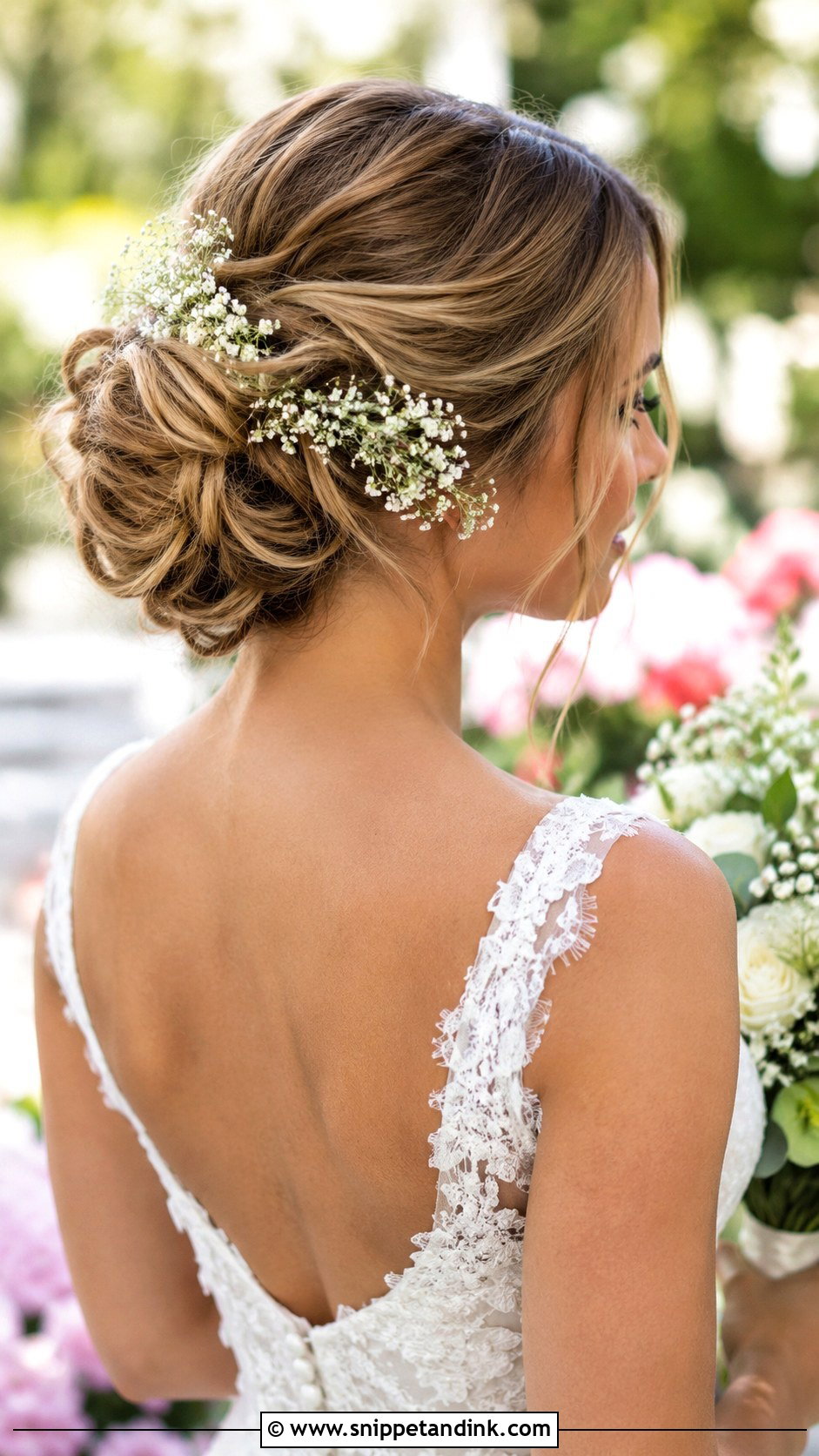 Bun With Babys Breath for Brides - Snippet and Ink - 25 Bride Hair Bun Ideas