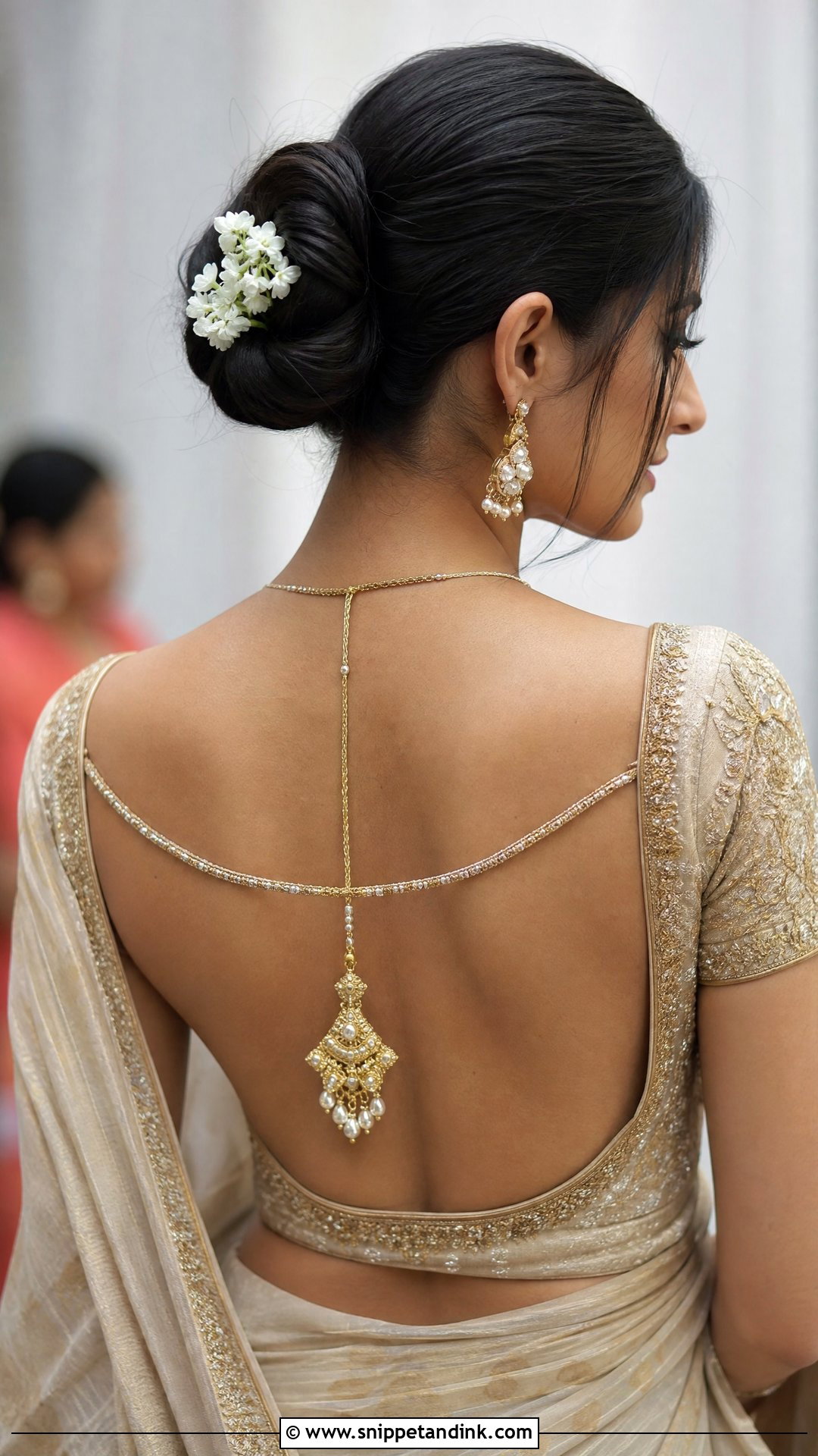 Bun With Backless Blouse Drape - Snippet and Ink - 20 Indian Wedding Bun Hairstyle Ideas