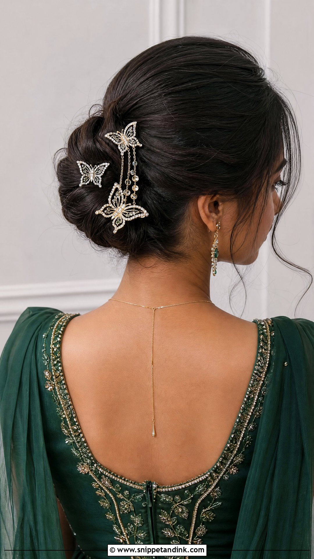Bun With Bejeweled Butterfly Accessories - Snippet and Ink - 20 Hairstyles for South Indian Wedding