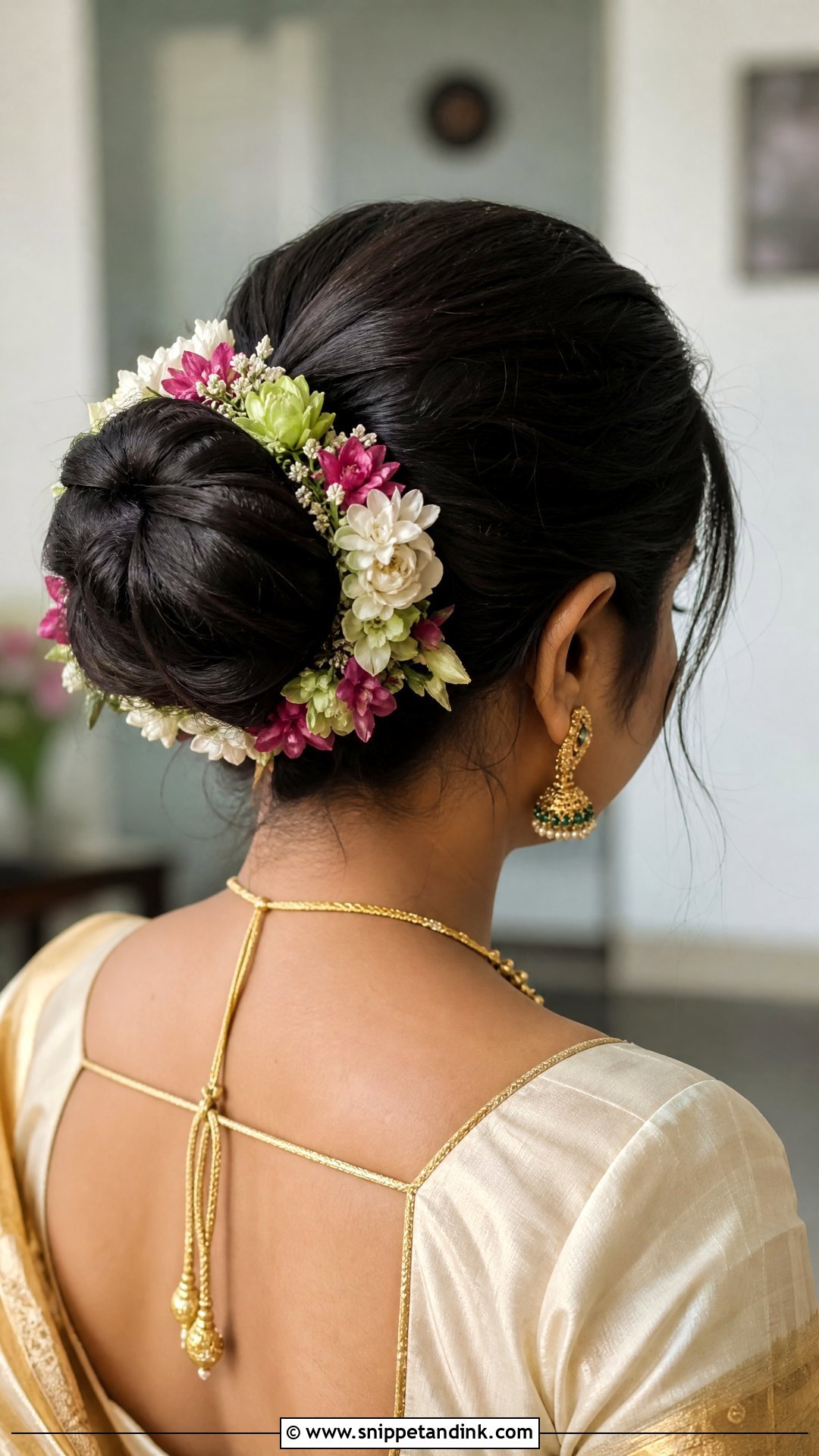 Bun With Floral Hair Accessories - Snippet and Ink - 20 Indian Hairstyle for Mom of Bride Ideas