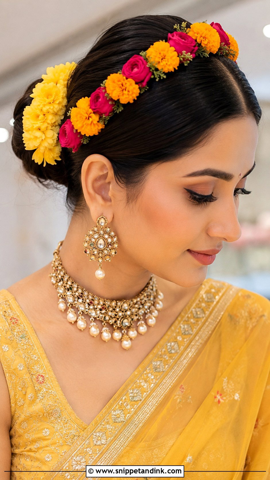 Bun With Floral Hairband - Snippet and Ink - 25 Hairstyles for Haldi Ceremony