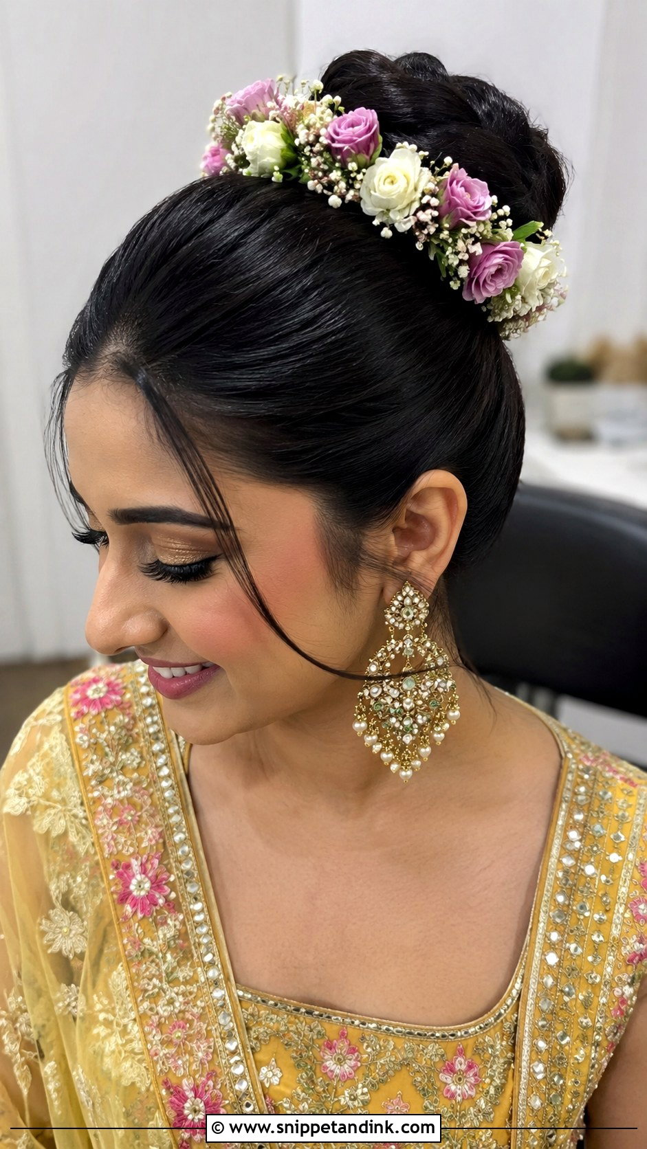 Bun With Flower Hairband - Snippet and Ink - 20 Mehendi Bride Hairstyle Ideas