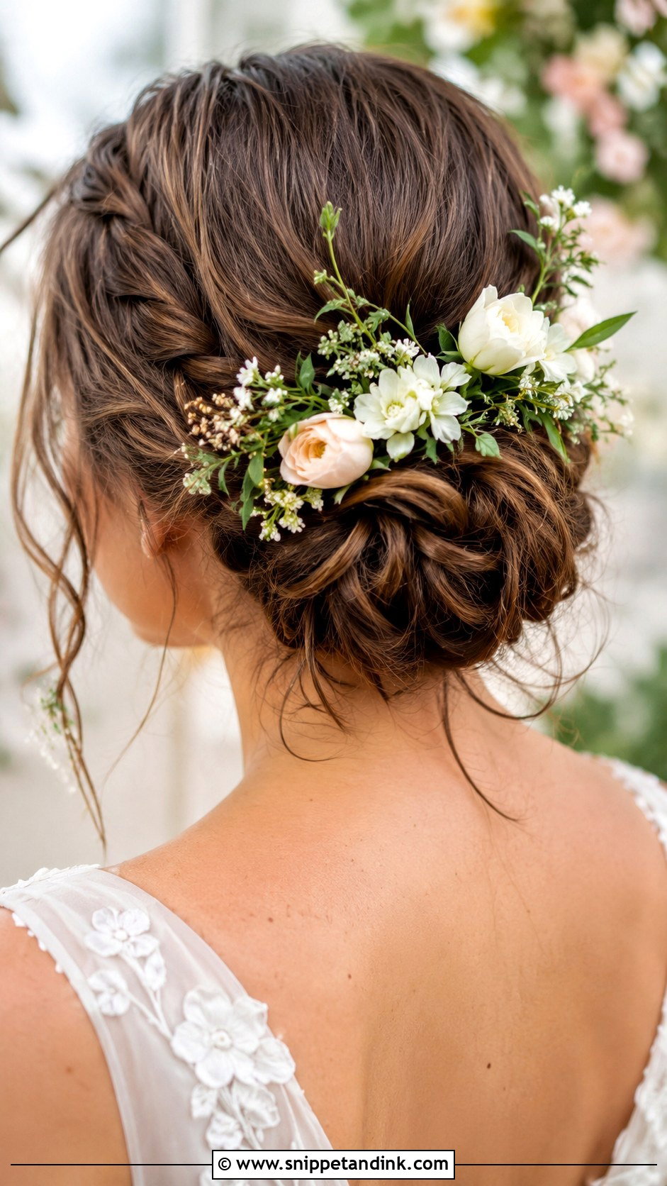 Bun With Flowers and Greenery - Snippet and Ink - 35 Bun Hairstyles for Wedding