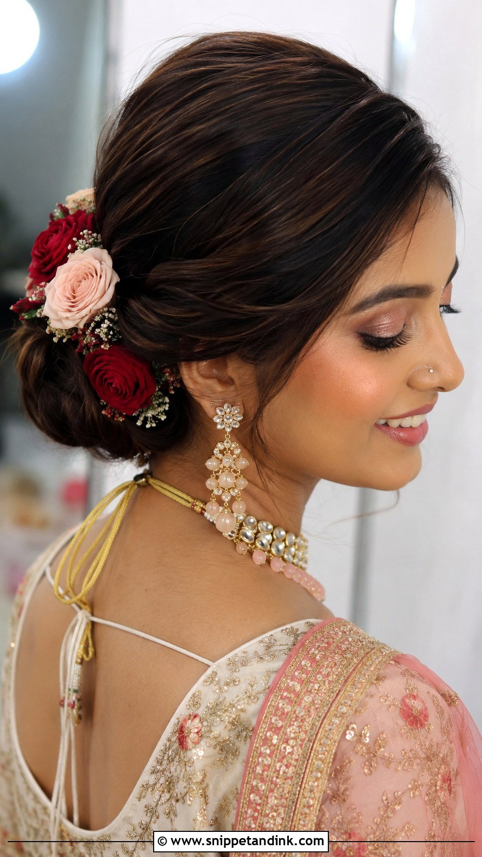 Bun With Fresh Roses For Medium Hair - Snippet and Ink - 20 Indian Wedding Hair Buns for Medium Hair
