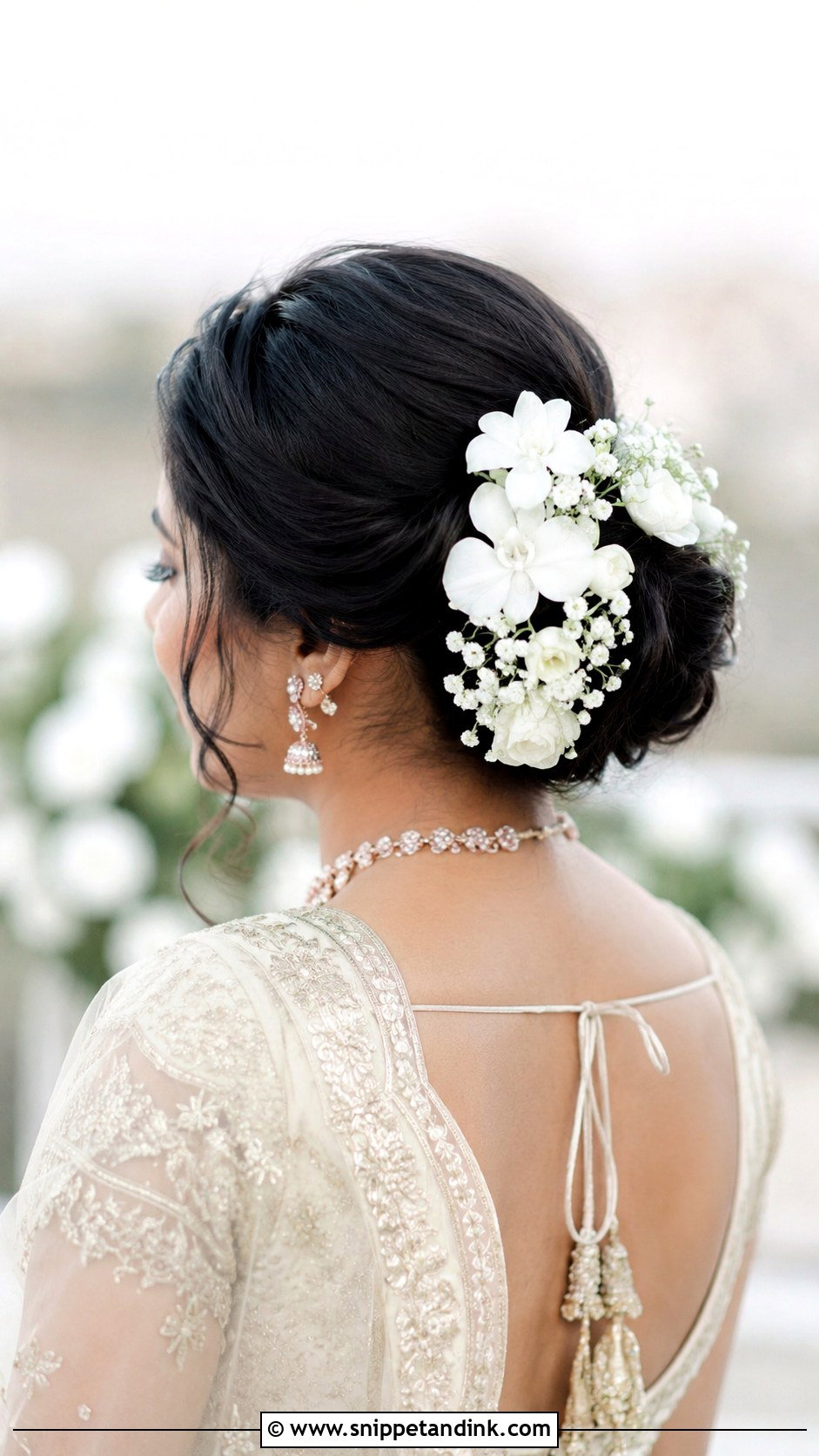 Bun With Fresh White Flowers - Snippet and Ink - 30 Indian Bridal Bun Hairstyles